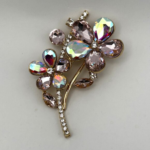 Vintage Monet Floral Brooch Pink Aurora Borealis Rhinestone Gold Tone Pin 2.25” - Picture 1 of 13